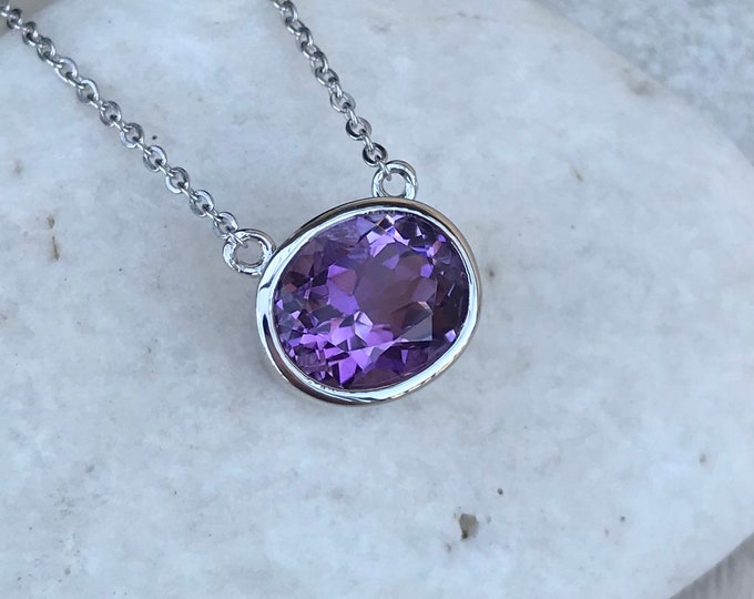 Dark Purple Amethyst Oval Necklace- Amethyst Silver Necklace-Genuine Amethyst Simple Bezel Pendant Necklace-February Birthstone Necklace