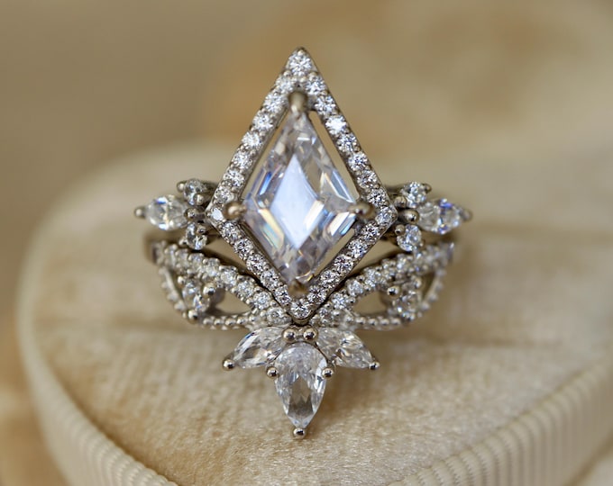 Kite Moissanite Halo Sterling Silver Bridal 2 Ring Set with Matching Contour Band