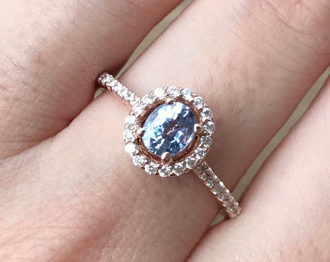 0.65ct Oval Blue Sapphire Rose Gold Promise Ring- Light Blue Sapphire Halo Diamond Engagement Ring-Genuine Natural Sapphire Anniversary Ring