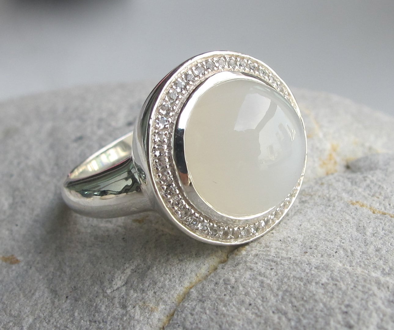 White Moonstone Round Halo Women Engagement Ring Large Moonstone