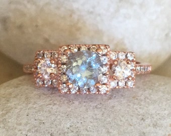 Vintage Natural Genuine Aquamarine  Ring- Round Blue Aqua Promise Ring- Halo Three Stone Anniversary Ring- Alternative Engagement Ring