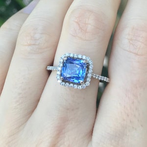 2.11ct Natural Certified Cornflower Blue Sapphire Cushion Engagement Ring- Genuine Square Sapphire Halo Diamond Ring