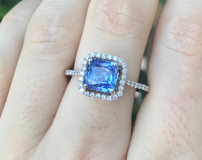 2.11ct Natural Certified Cornflower Blue Sapphire Cushion Engagement Ring- Genuine Square Sapphire Halo Diamond Ring