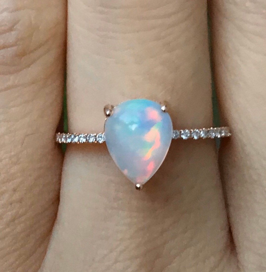 1 Carat Teardrop Opal Engagement Ring- Opal Cabochon Genuine 
