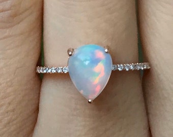 1 Carat Teardrop Opal Engagement Ring- Opal Cabochon Genuine Promise Ring For Her- Fiery Welo Opal Solitaire Ring- October Birthstone Ring