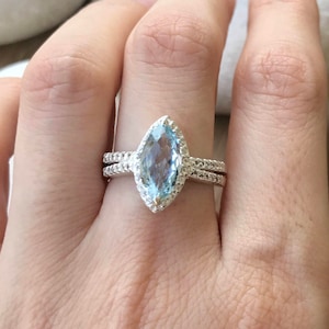 Natural Aquamarine Halo Engagement Marquise Silver Ring- Aquamarine Navette Double Band Promise Ring-Genuine Aquamarine Anniversary Ring