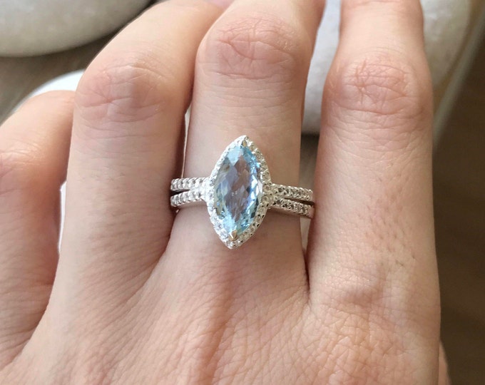 Natural Aquamarine Halo Engagement Marquise Silver Ring- Aquamarine Navette Double Band Promise Ring-Genuine Aquamarine Anniversary Ring