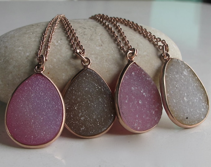 Rose Gold Druzy Necklace Gold Teardrop Pink Necklace Rose Gold Necklace Rough Raw Boho Necklace