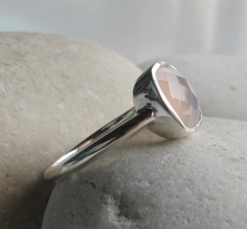 Pink Chalcedony Simple Ring Rose Quartz Stack Square Silver Ring October Birthstone Ring- Pink Onyx Gemstone Ring Milky Pastel Pink Ring