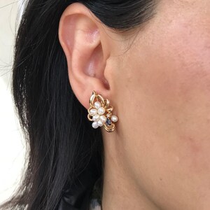 May include: Gold tone clip-on earrings with a cluster of white pearls and blue and clear gemstones in a floral design.