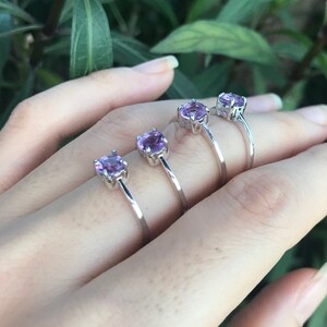 Genuine Amethyst Round Dainty Stackable Ring Purple Amethyst 4 Prong Silver Ring Purple Gemstone Ring February Birthstone Ring image 5