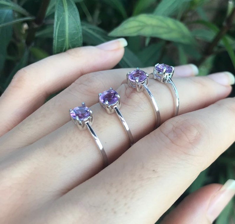 Genuine Amethyst Round Dainty Stackable Ring Purple Amethyst 4 Prong Silver Ring Purple Gemstone Ring February Birthstone Ring image 5