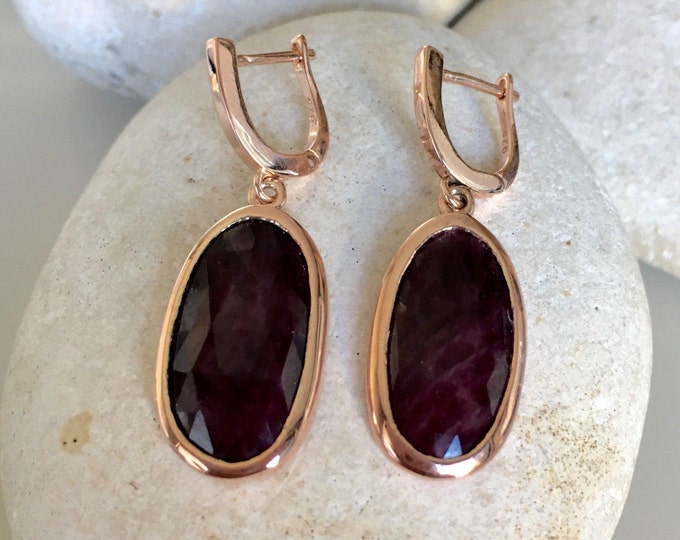 Genuine Ruby Oval Long Dangle Earring Rose Gold Earring Red Ruby Earring Drop Raw Ruby Real July Birthstone