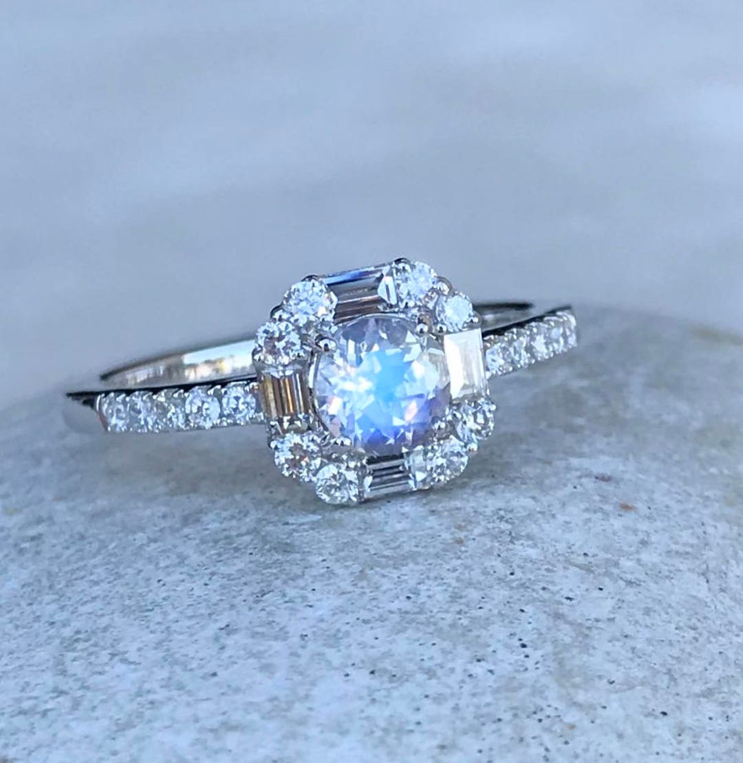 Vintage Moonstone Halo Baguette Diamond Engagement 14k 18k - Etsy