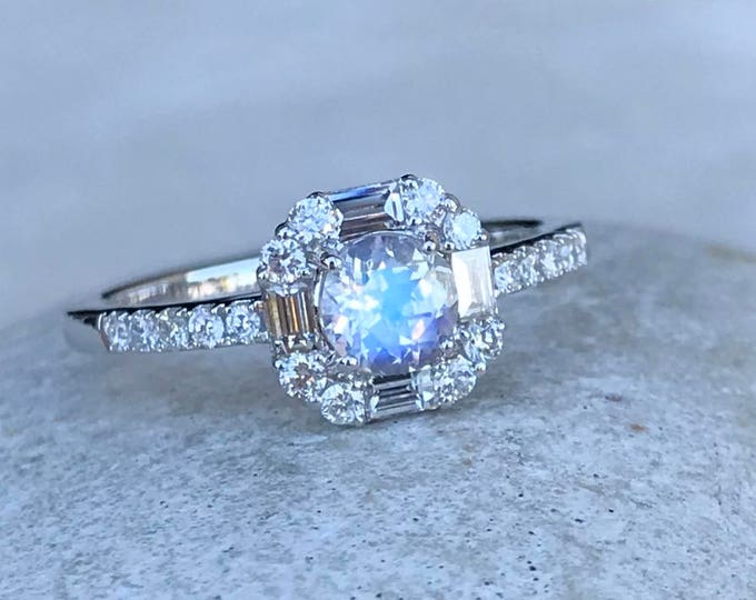 Vintage Moonstone Halo Baguette Diamond Engagement 14k 18k Ring-Moonstone Deco Promise Ring for Her-Genuine Moonstone Diamond Solitaire Ring