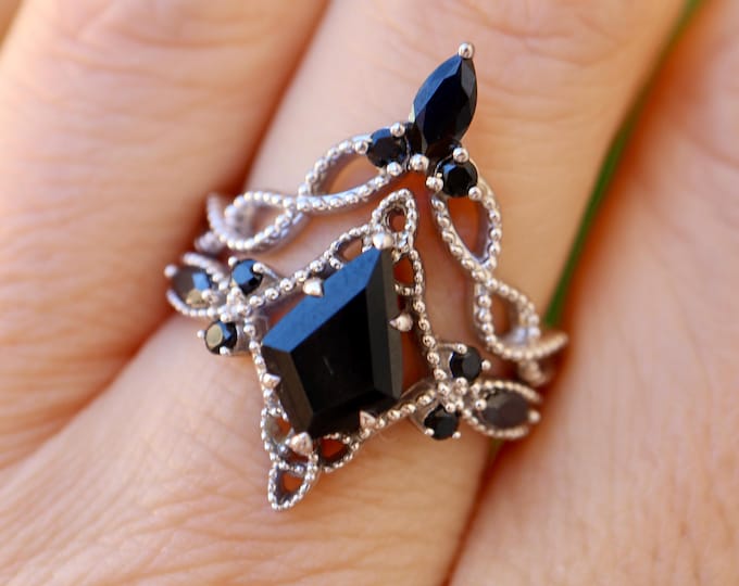 Kite Black Onyx Celtic Knot Sterling Silver Milgrain Bridal Gothic 2 Ring Set