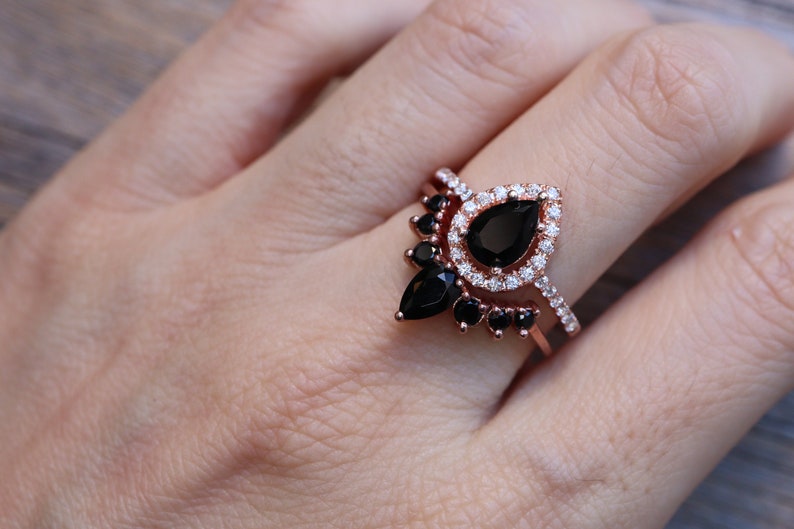 Teardrop Black Onyx Engagement Silver Ring Set Pear Black Diamond Alternative 2 Rose Ring Black Halo Ring with Wedding Band image 8