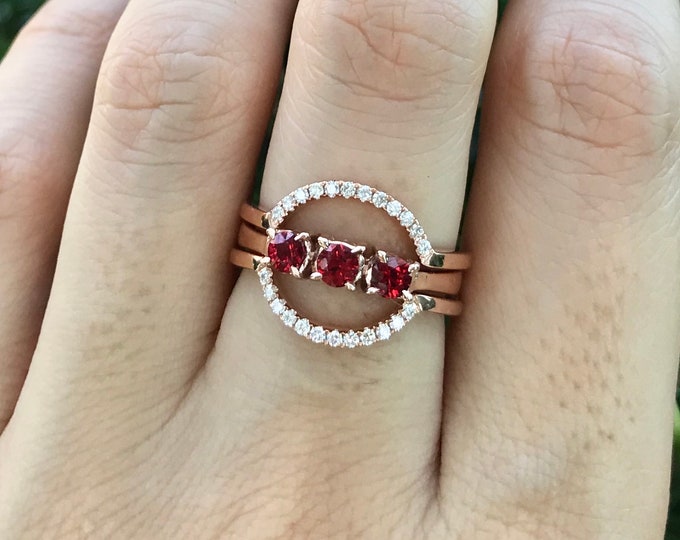 Genuine Ruby Bridal Ring Set- Rose Gold Ruby Engagement Ring Set- Three Stone Ruby with Diamond Promise Ring- Round Ruby Anniversary Ring