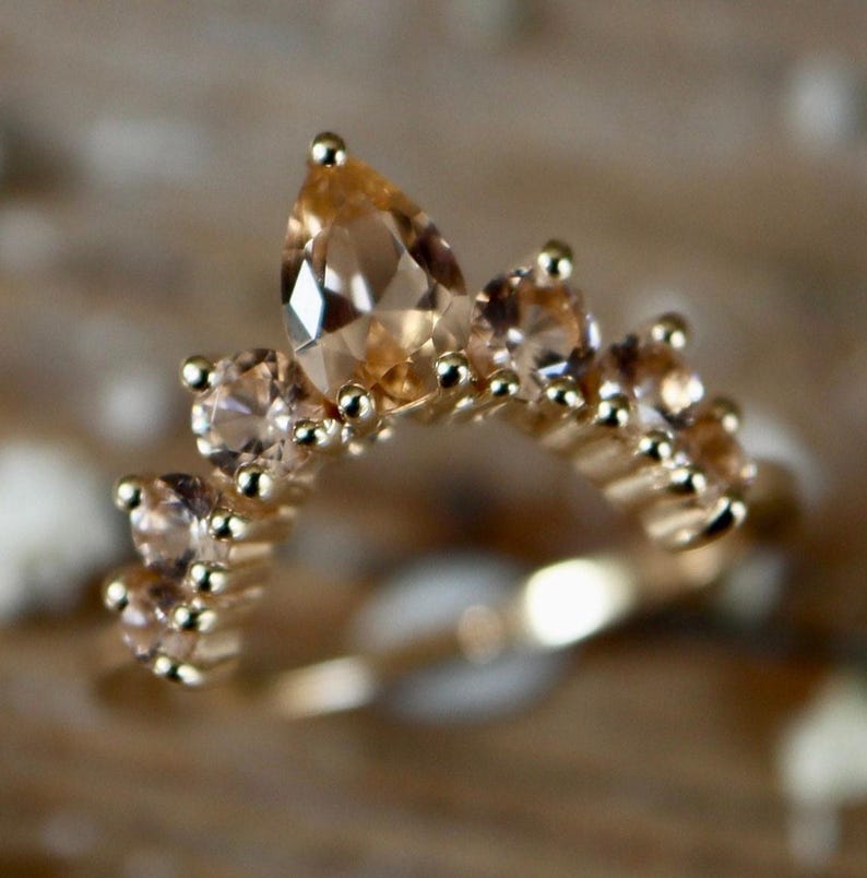 Peach Morganite Cluster Pear Round Curve Wedding Band in Solid 10k 14k 18k Gold image 9