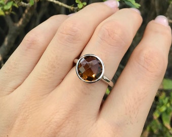 Round Smoky Quartz Sterling Silver Ring- Stackable Brown Gemstone Brown Ring- Gifts For Her- Smoky Topaz Ring