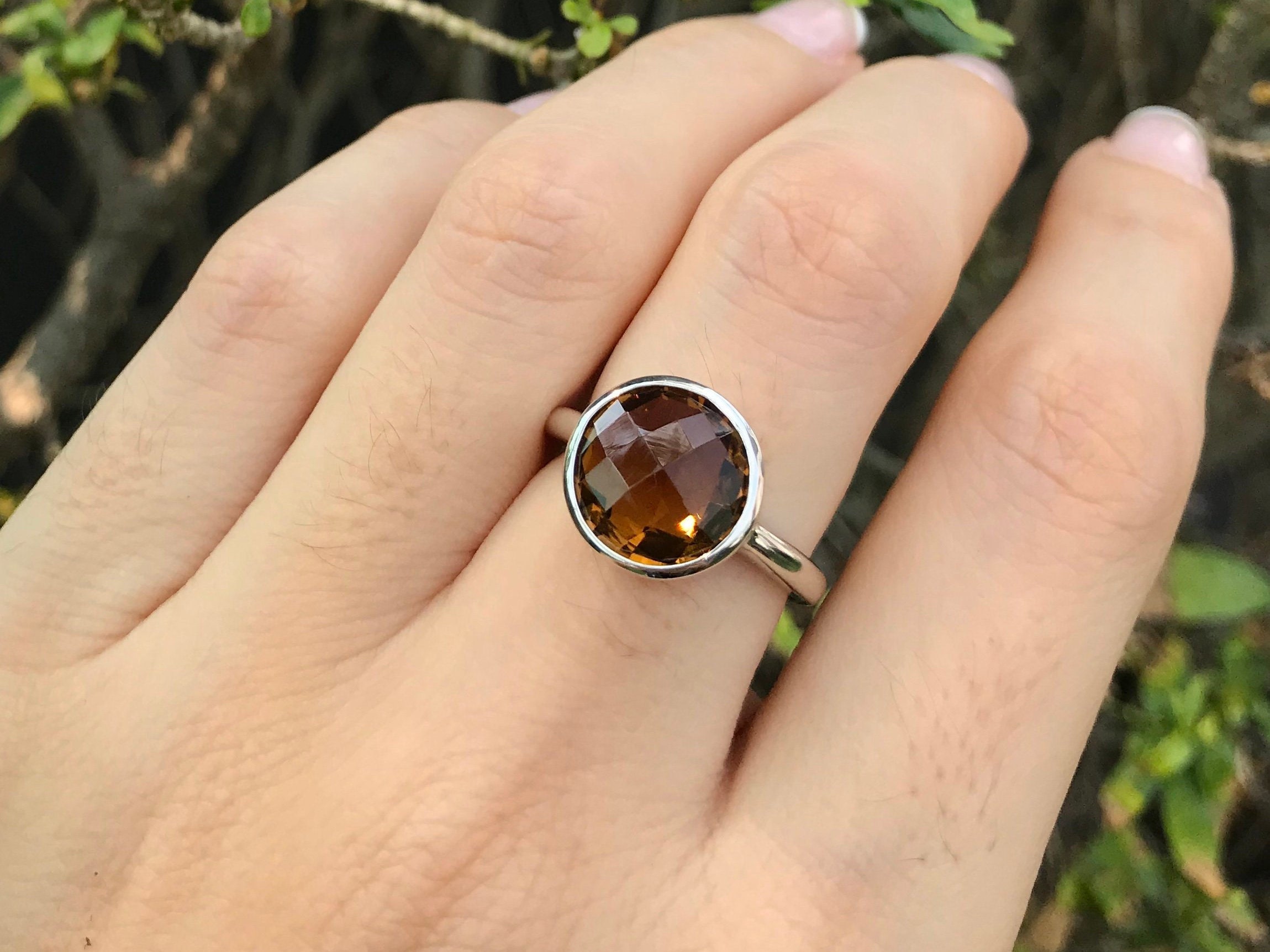 Round Smoky Quartz Sterling Silver Ring- Stackable Brown Round Smoky Quartz Sterling Silver Ring- Stackable Brown