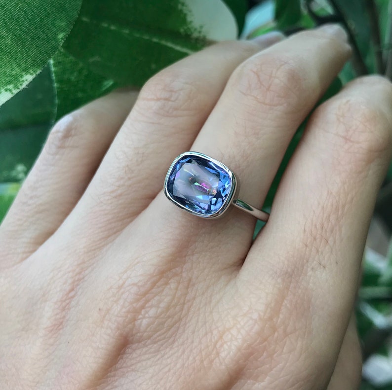 Unique Gemstone Ring Solitaire Blue Purple Statement Ring Neptune Garden Topaz Ring Rectangle Mystic Topaz Ring East West Gemstone Ring