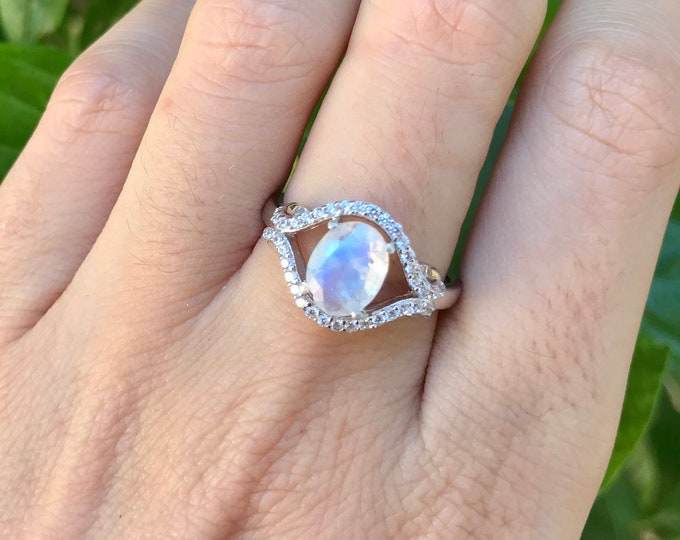 2ct Moonstone Oval Engagement Ring- Rainbow Moonstone Halo Promise Ring for Her- Moonstone Solitaire Anniversary Ring- June Birthstone Ring