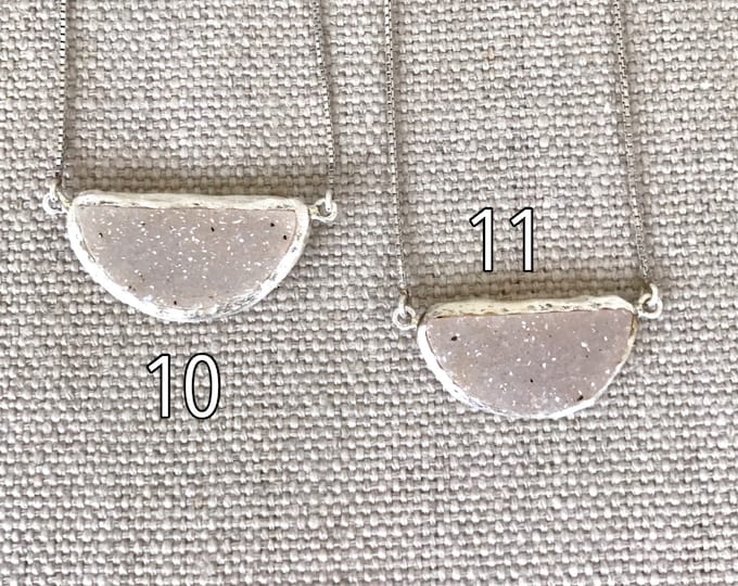 White Druzy Layering Necklaces- Raw Gemstone Charm Necklaces- Semi Circle Druzy Necklace- Natural Rough Stone Sterling Silver Necklace