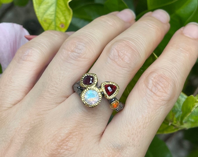 Cluster Moonstone Tourmaline Garnet Opal Ring- Rustic Organic Stone Statement Ring- MultiStone Birthstone Black Ring- Unique Solitaire Ring