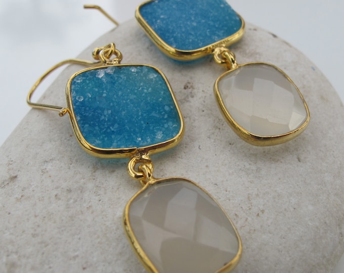 Blue Druzy Chalcedony Dangle Earring- Long Drop Earring- Boho Mixed Stone Gold Earring- Raw Crystal Earring- Raw Stone Jewelry- Rough Stone