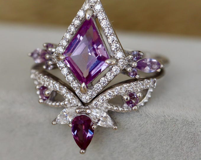 Kite Alexandrite Halo Engagement Sterling Silver Rings- Marquise Purple Pink Gemstone Wedding 2 Ring Set- June Birthstone Anniversary Rings
