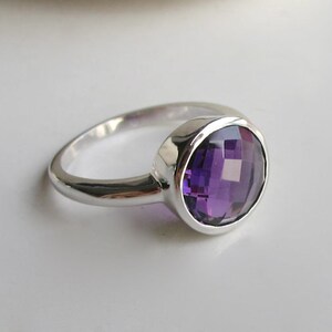 Simple Purple Amethyst Ring Round Amethyst Ring Purple Stone Ring Faceted Stone Ring Sterling Silver Ring February Birthstone Ring image 3