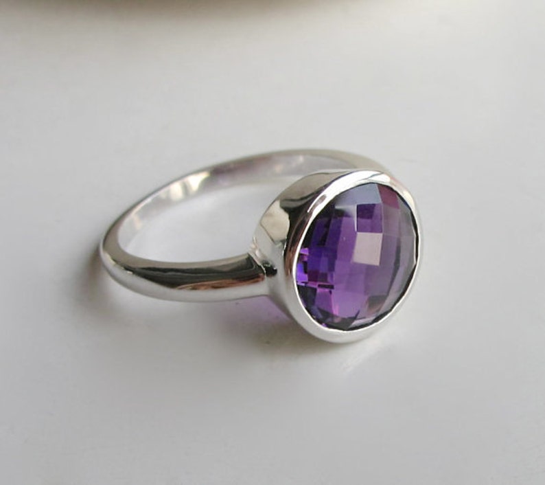 Simple Purple Amethyst Ring Round Amethyst Ring Purple Stone Ring Faceted Stone Ring Sterling Silver Ring February Birthstone Ring image 3