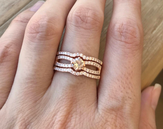 Genuine White Sapphire Bridal Ring Set- Rose Gold Sapphire Engagement 3 Ring Set- Alternative Colorless lear Ring Set- Split Band Ring