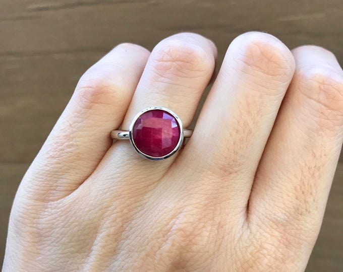 Stackable Round Ruby Ring- Genuine Raw Ruby Ring- July Birthstone Faceted Ring- Simple Bezel Sterling Silver Ring- Red Stone Minimalist Ring