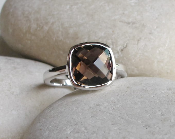 Square Smoky Quartz Stackable Ring- Smoky Topaz Gemstone Ring- Brown Stone Facet Ring- Sterling Silver Brown Ring