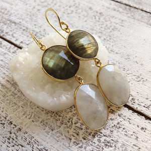 Bohemian Labradorite Moonstone Statement Earring- Long Dangle Natural Gemstone Drop Earring- Handmade 2 Stone Earring- Iridescent Earring