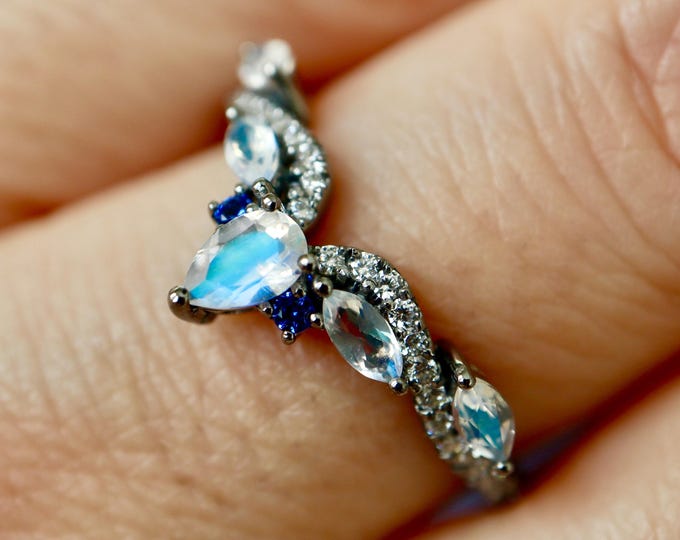 Genuine Pear Marquise Moonstone Vintage Enhancer Wedding Band in Solid 10k 14k 18k Gold