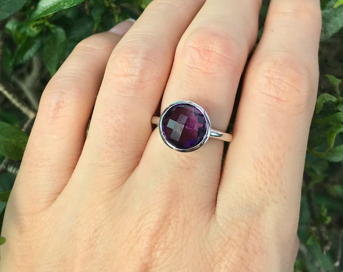 Dark Purple Amethyst Round Ring- February Birthstone Ring- Purple Gemstone Silver Ring- Simple Silver Ring- Faceted Purple Solitaire Ring