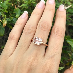 1.50ct Rectangle Natural Morganite Ring Genuine Morganite Emerald Cut Engagement Ring-East West Morganite Solitaire Minimalist Bezel Ring image 3
