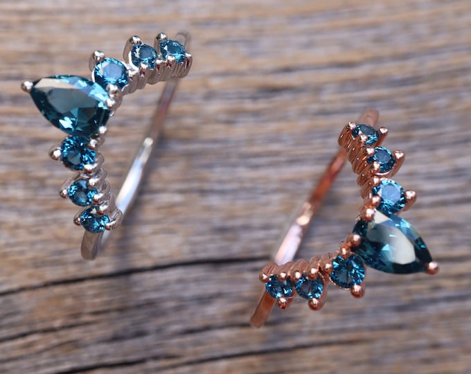 Dark Blue Topaz Curve Wedding Silver Band- London Blue Topaz Contour Rose Band- Deep Vivid Blue Stack Chevron Gold Band- Half Circle V Band