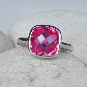 Fuschia Pink Square Ring- Hot Pink Quartz Stack Ring- Faceted Pink Topaz Ring- Pink Cushion Cut Stackable Ring- Jewelry Gifts for Her