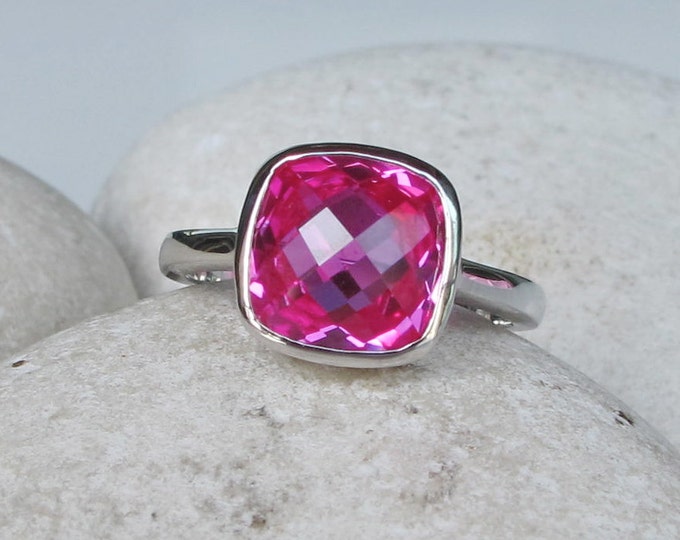 Fuschia Pink Square Ring- Hot Pink Quartz Stack Ring- Faceted Pink Topaz Ring- Pink Cushion Cut Stackable Ring- Jewelry Gifts for Her