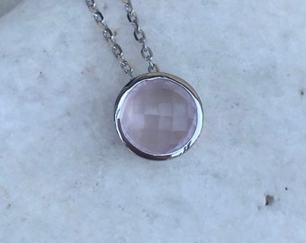 Collier Slider en quartz rose rond en argent sterling - Collier simple en quartz rose