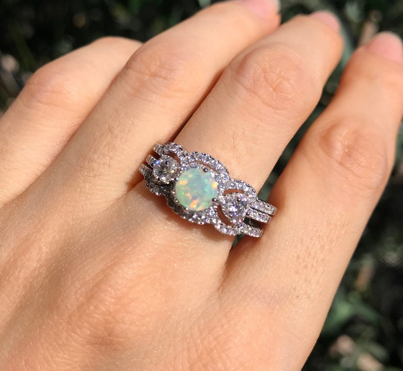 Opal Vintage Engagement Ring Opal Halo Bridal Ring Set Three Stone Anniversary Ring Genuine Opal Promise Ring for Her Art Deco Opal Ring image 3