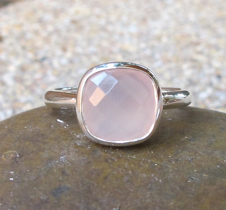Pink Chalcedony Simple Ring Rose Quartz Stack Square Silver Ring October Birthstone Ring- Pink Onyx Gemstone Ring Milky Pastel Pink Ring