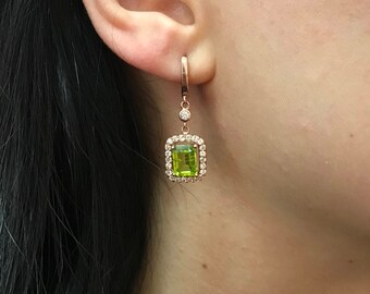 Rose Gold Peridot Earrings- Rectangle Peridot Earrings- Gemstone Earrings- August Birthstone Earrings- Classic Earrings for Her