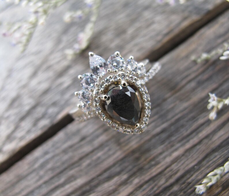 1ct Genuine Teardrop Black Diamond Bridal Ring Set Pear Etsy