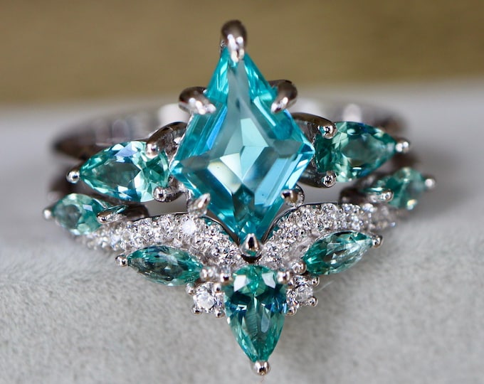 Kite Paraiba Tourmaline Engagement Rings- Marquise Light Blue Green Wedding 2 Ring Set- Wedding Bridal Anniversary Rings for Her