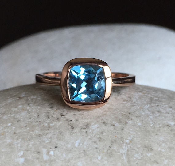 1.8ct Genuine Cushion Swiss Blue Topaz 9k Rose Gold Ring-Natural Dark Blue Topaz Square Bezel Ring-December Birthstone Simple Solitaire Ring